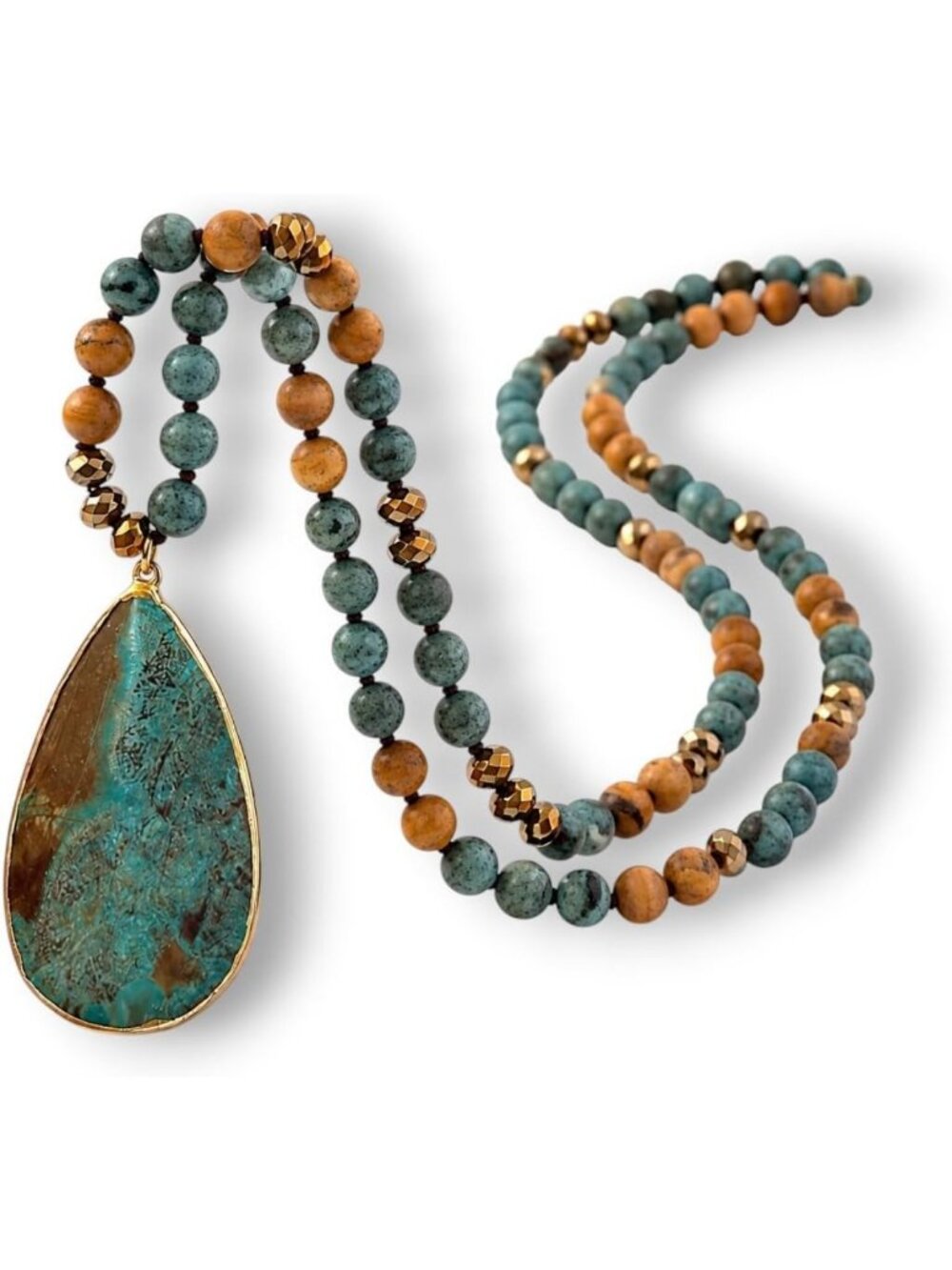 Handmade Boho Statement Necklace | Long Natural Stone Beads & Pendant Jewelry